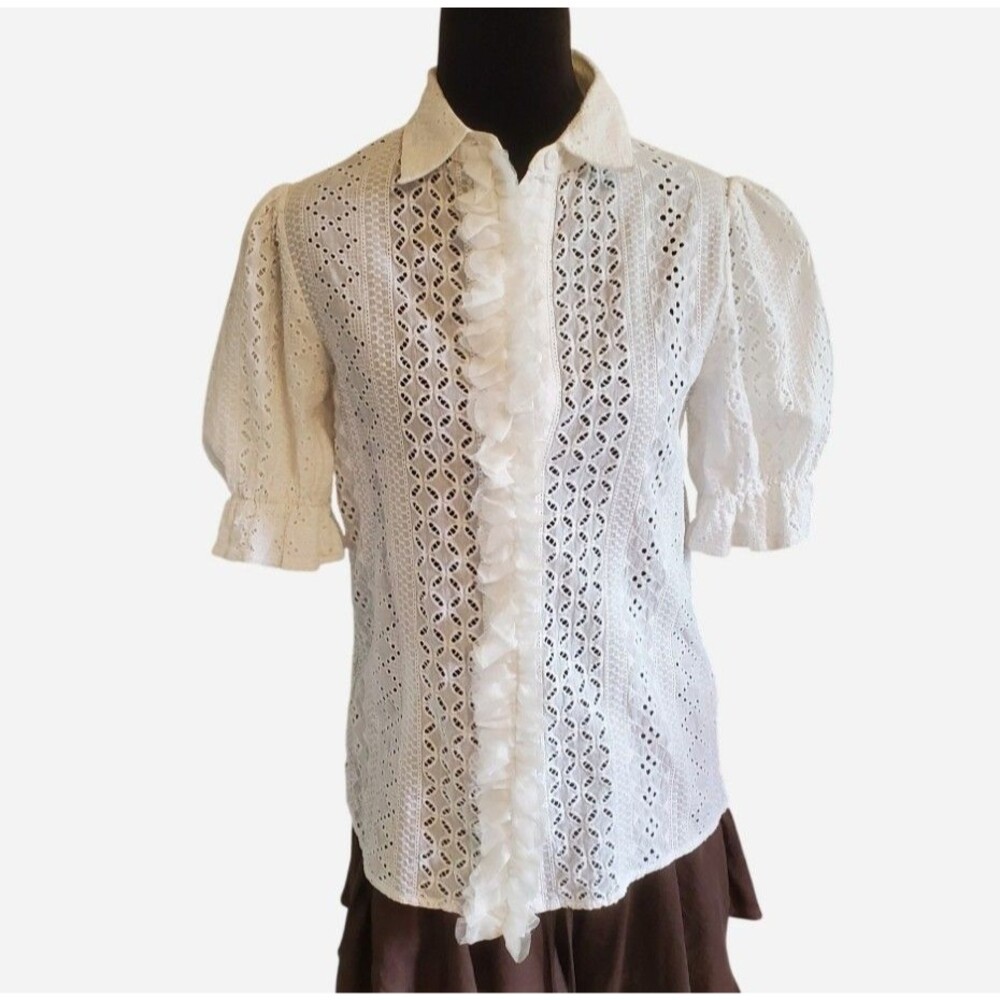 Deesesic Eyelet Lace Ruffle Front Button Up Top Puff Sleeve Y2K Cottage Size M